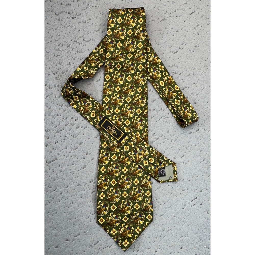 Fendi Cravatte Mens One Size Green Pheasant Floral Scroll Silk Tie Italy Luxury